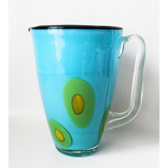 Art Glass Turquoise Blue Water Pitcher Jug Italian Hand Blow Glass Art Cocktail - Picture 1 of 7